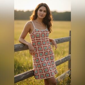 NEW Zara Dress Women Small Crochet Mini Square Boho Festival Indie Open Knit